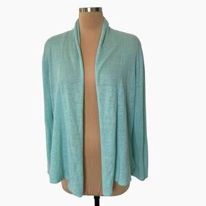 Haiku Open Front Cardigan Sweater Coastal Chic Blue XL Linen Blend Knit Ruffles